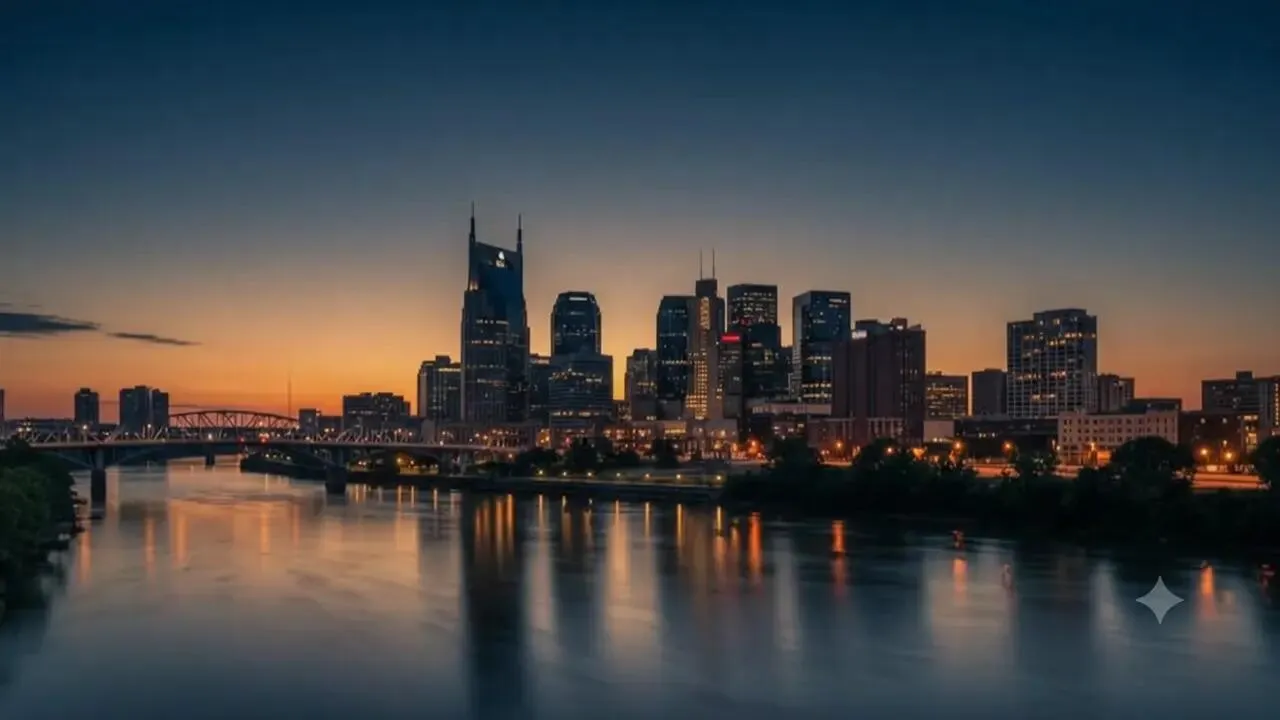 Nashville skyline at twilight over the Cumberland River Nashville skyline at twilight