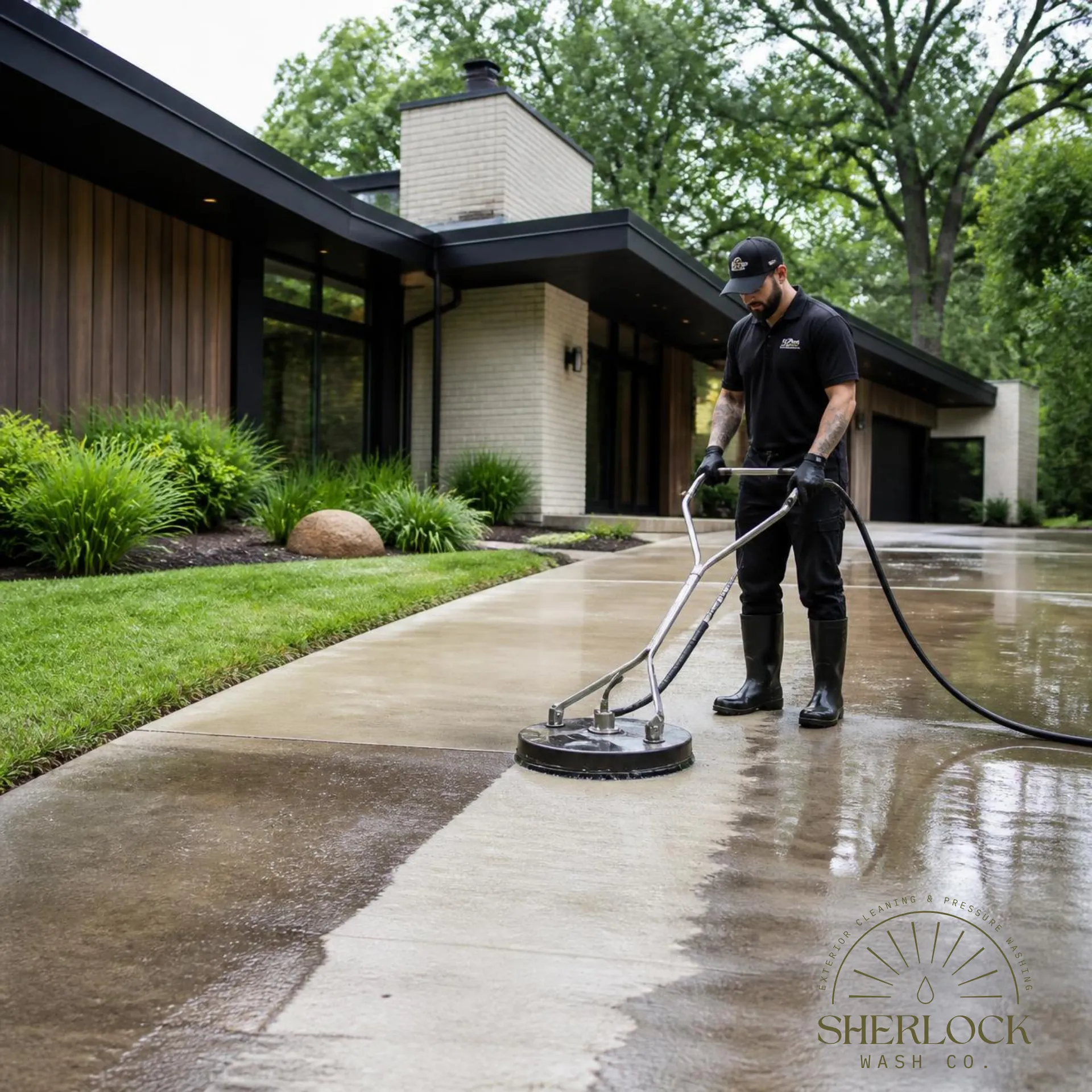Technician pressure washing a Nashville residential driveway Sherlock Wash Co. technician restoring a residential driveway